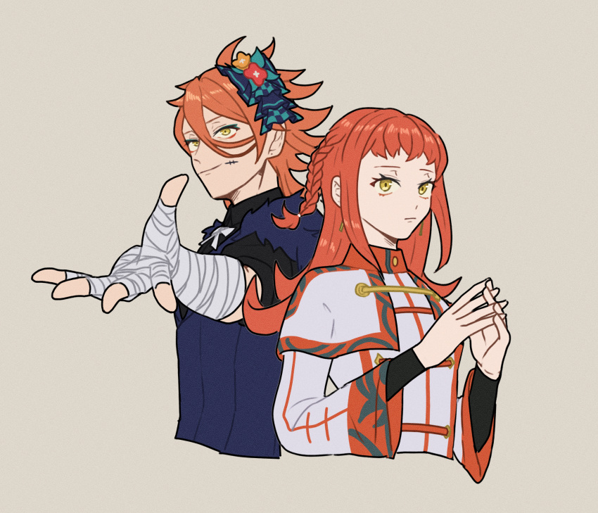 1boy 1girl aqua_eyeshadow bandaged_arm bandaged_hand bandages brother_and_sister cosplay costume_switch eyeshadow facial_mark fire_emblem fire_emblem_engage fur_sleeves hahm0106 highres makeup orange_hair pandreo_(fire_emblem) pandreo_(fire_emblem)_(cosplay) panette_(fire_emblem) panette_(fire_emblem)_(cosplay) short_bangs siblings stitched_mouth stitches yellow_eyes