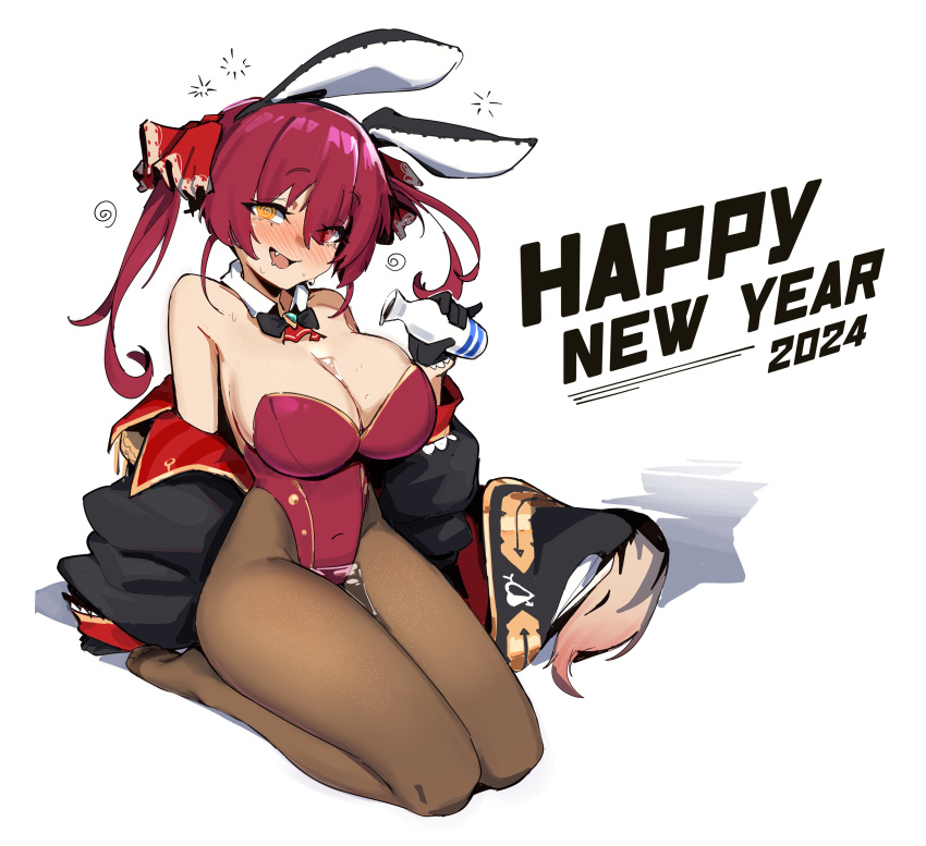 1girl absurdres alcohol animal_ears bare_shoulders blush bottle breasts brown_pantyhose bust_cup cleavage detached_collar drunk fake_animal_ears fang full_body hair_between_eyes happy_new_year heterochromia highres holding holding_bottle hololive houshou_marine large_breasts leotard long_hair looking_at_viewer open_mouth pantyhose penguru_086 playboy_bunny rabbit_ears red_eyes red_hair red_leotard sake seiza sitting solo tokkuri virtual_youtuber wakamezake white_background yellow_eyes