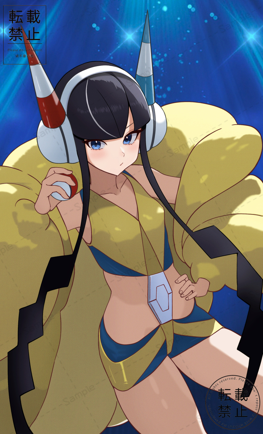 1girl absurdres bike_shorts black_hair blue_background blue_eyes blunt_bangs blush buckle closed_mouth commentary_request crop_top elesa_(pokemon) fur_jacket hand_on_own_hip headphones highres holding holding_poke_ball jacket long_sleeves maizumi multicolored_hair poke_ball poke_ball_(basic) pokemon pokemon_bw2 short_hair_with_long_locks sidelocks solo streaked_hair yellow_jacket