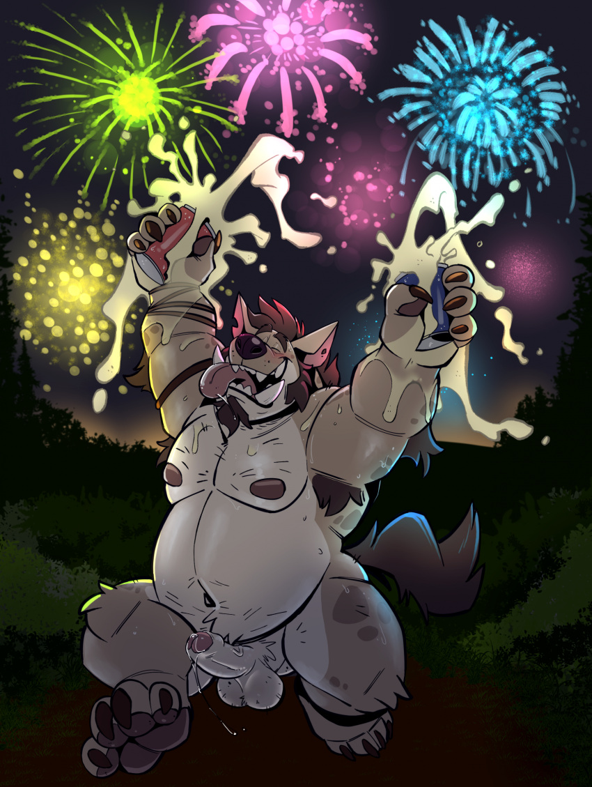 alcohol anthro armpit_hair balls beer belly beverage beverage_can beverage_gush blush bodily_fluids body_hair celebration champer_rotgut dead_stray_bear drunk erection fireworks genital_fluids genitals gnoll hi_res holidays hyena leaking_precum light lighting male mammal moobs new_year night nude open_mouth open_smile overweight overweight_male precum public public_nudity running smile solo spotted_hyena streaking substance_intoxication tongue tongue_out