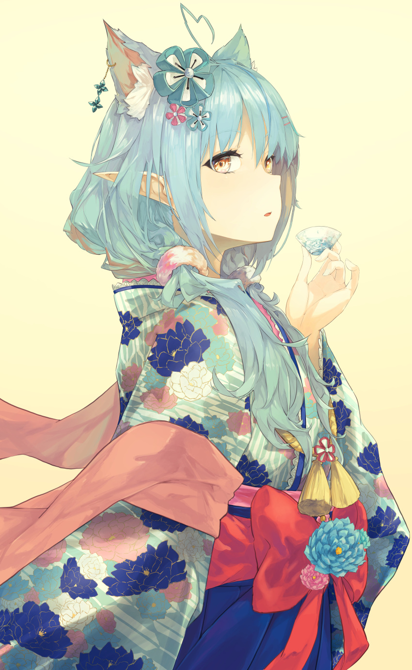 1girl absurdres ahoge animal_ear_fluff animal_ears blue_hair blue_kimono cat_ears floral_print floral_print_kimono haimura hair_ornament hairpin heart heart_ahoge highres hololive japanese_clothes kimono long_hair looking_at_viewer low_twintails obi official_alternate_costume open_mouth pointy_ears print_kimono red_sash sash solo twintails virtual_youtuber white_background yukihana_lamy yukihana_lamy_(new_year)