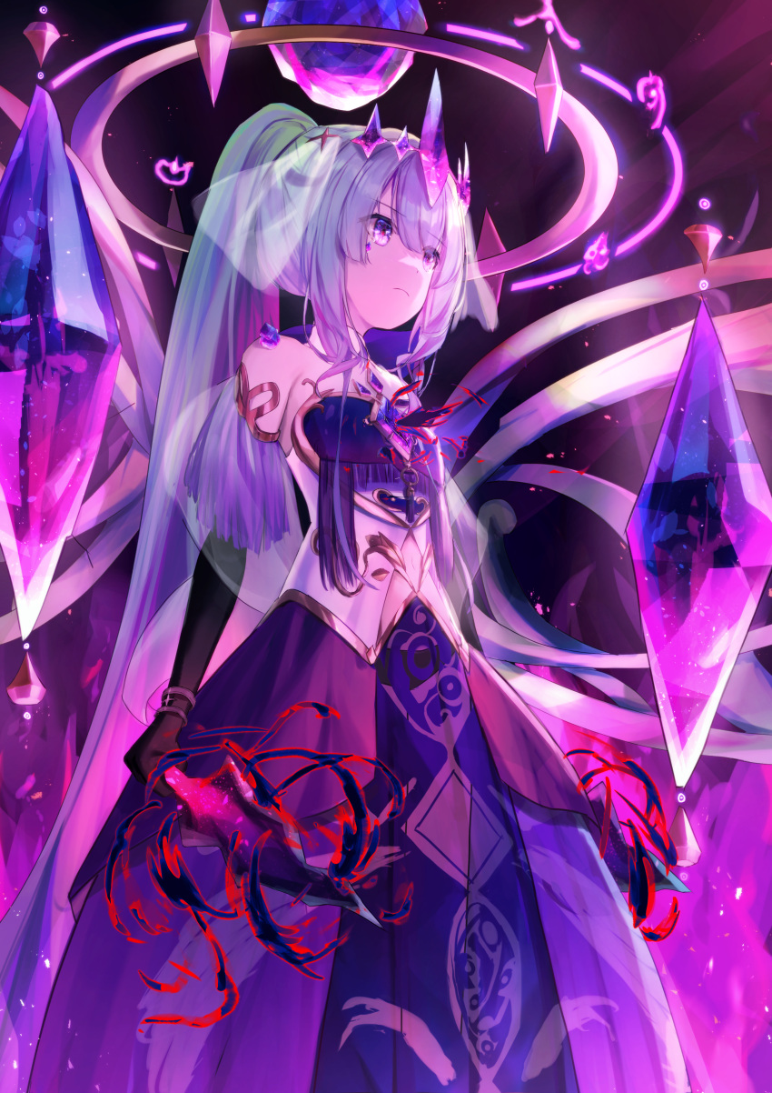 absurdres black_gloves crystal crystal_shard dagger dress gloves highres holding holding_dagger holding_knife holding_weapon hololive hololive_english knife koseki_bijou long_hair ponytail purple_eyes solar_torch very_long_hair virtual_youtuber weapon white_hair