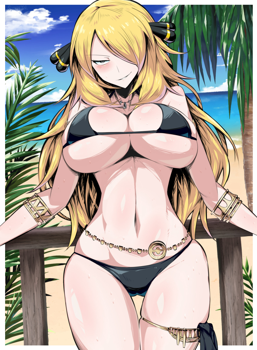 1girl beach belly_chain bikini black_bikini black_eyes blonde_hair blue_sky blush bracelet breasts cleavage cloud gold_bracelet hair_over_one_eye highres jewelry large_breasts long_hair looking_at_viewer naughty_face necklace palm_tree pokemon pokemon_(game) pokemon_dppt railing shimure_(460) shirona_(pokemon) sky smile summer swimsuit thighlet tree