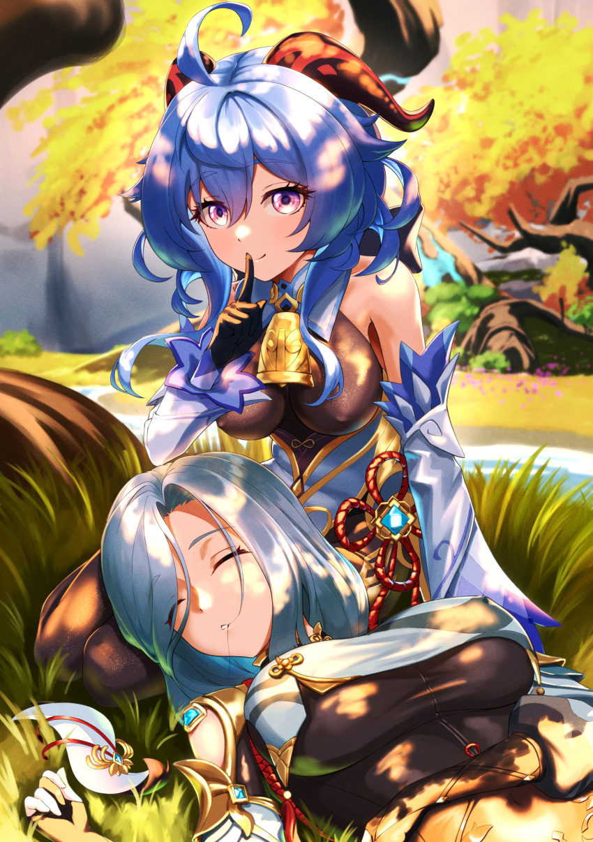 1girl absurdres ahoge bare_shoulders bell black_gloves blue_hair blush bodystocking branch breast_curtain breasts covered_nipples detached_sleeves ganyu_(genshin_impact) genshin_impact gloves goat_horns grey_hair hair_over_one_eye highres horns jewelry large_breasts long_hair looking_at_viewer medium_breasts nature neck_bell pantyhose parted_lips sayu_mypace shenhe_(genshin_impact) sidelocks sleeping smile solo tree