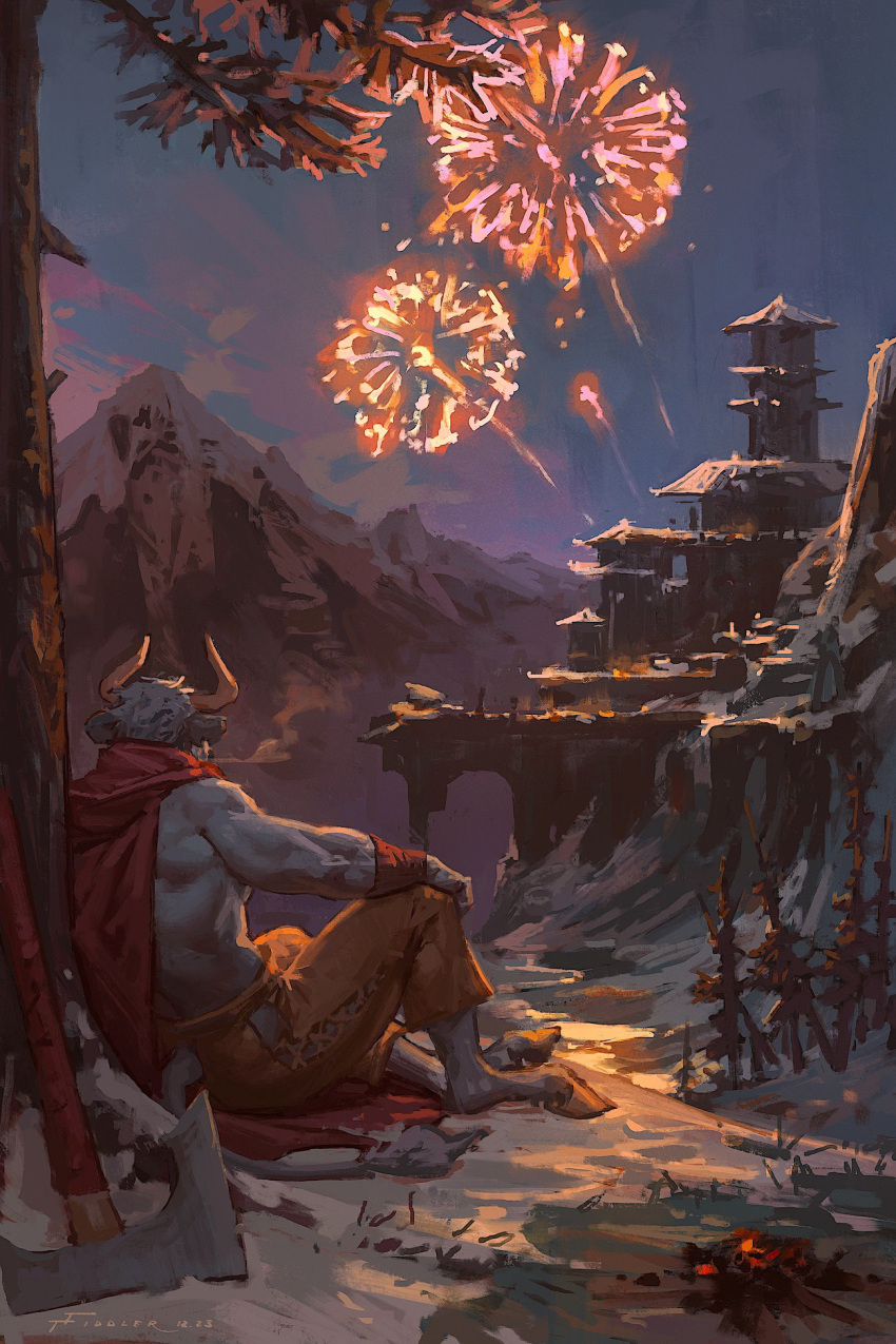 2023 amazing_background anthro armor axe back_muscles barefoot big_muscles bonfire bottomwear bovid bovine bracers bridge building cape castle cattle clothed clothing cloud coal detailed detailed_background feet fireworks fur grass hair hi_res holidays hooves horn male mammal mountain muscular muscular_anthro muscular_male new_year night outside painterly pants plant signature sitting sky snow solo taran_fiddler topless topless_anthro topless_male tree triceps tuft