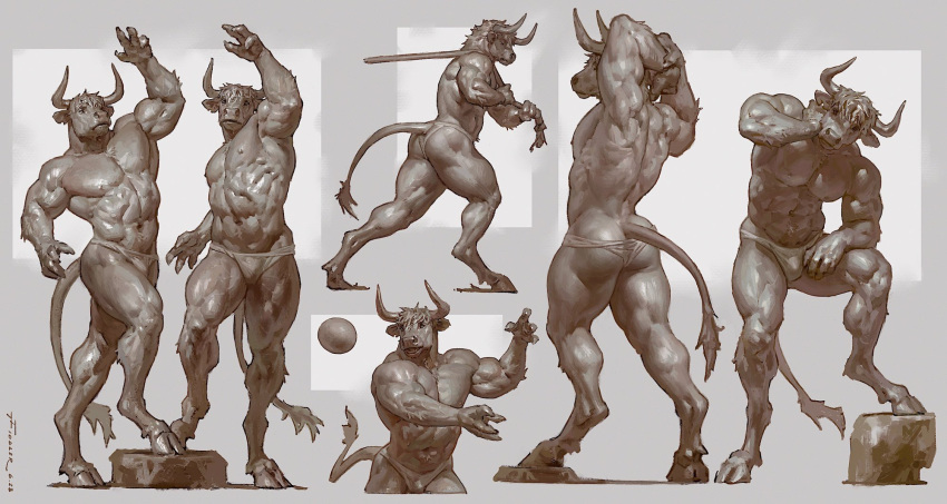 2023 abs action_pose anthro back_muscles ball bent_leg biceps big_muscles bovid bovine butt cattle clothed clothing fur grey_background greyscale hair hands_behind_head hi_res hooves horn male mammal manly monochrome muscular muscular_anthro muscular_male navel nipples obliques pecs pose rock rope serratus shadow signature simple_background solo standing stretching taran_fiddler thong thong_only throwing topless topless_anthro topless_male triceps tuft underwear underwear_only