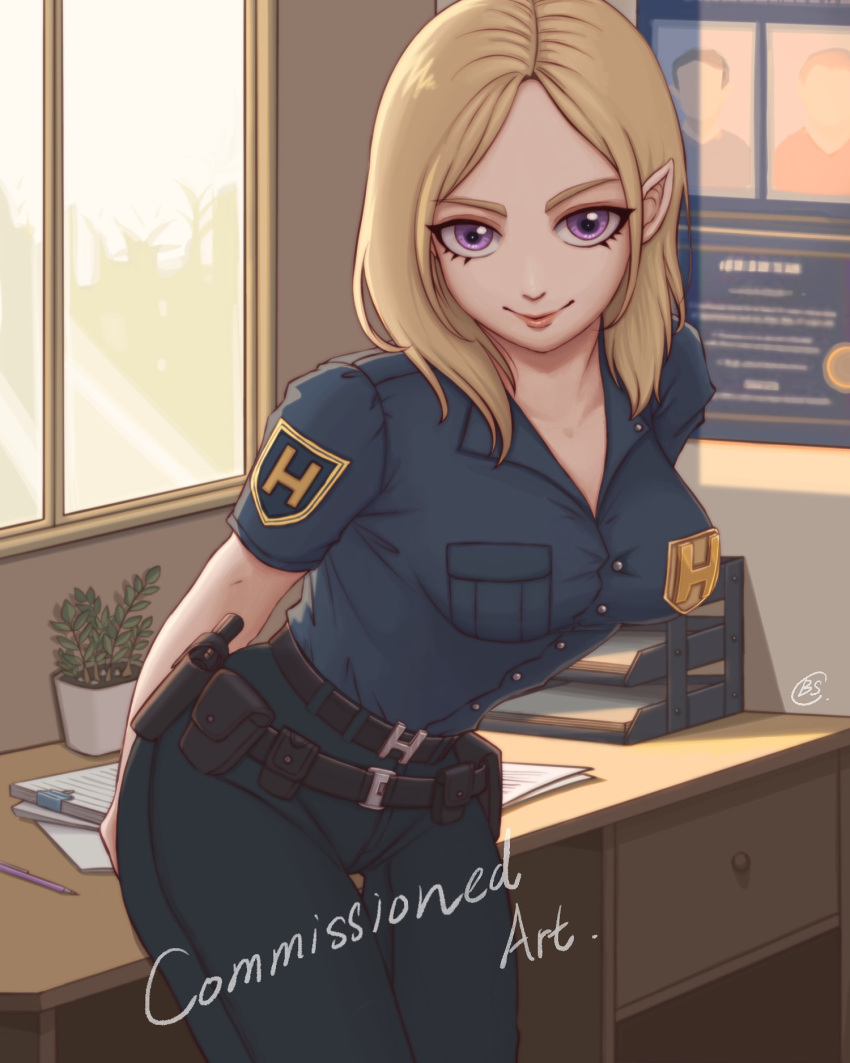 1girl arms_behind_back belt_pouch bent_over blonde_hair breasts butter_spoon commentary commission desk english_commentary hair_behind_ear highres medium_breasts medium_hair original paper pencil plant pointy_ears police police_uniform policewoman poster_(object) pouch purple_eyes signature smile solo thigh_gap uniform watermark window