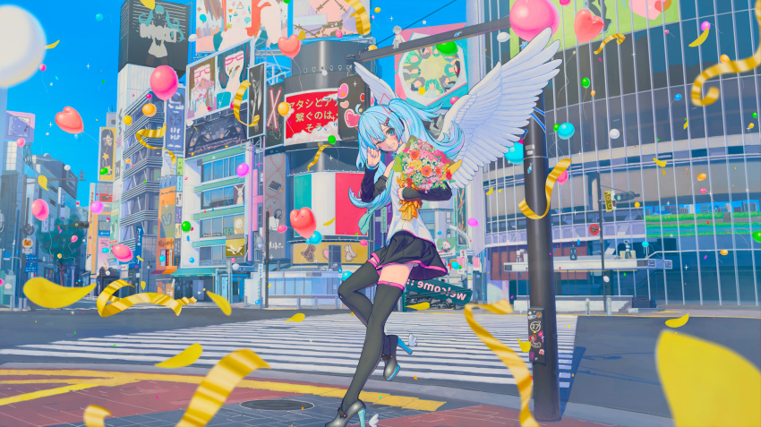 :d absurdres ai_kotoba_iv_(vocaloid) balloon black_footwear black_skirt black_sleeves black_thighhighs blue_hair blue_nails blue_necktie blue_sky blush bouquet building cityscape collared_shirt confetti crosswalk day detached_sleeves dot_nose feathered_wings flower from_side full_body ghost_rule_(vocaloid) grin hair_between_eyes hand_on_own_cheek hand_on_own_face hand_up hatsune_miku heart_balloon high_heels highres holding holding_bouquet hugging_object lamppost long_hair long_sleeves looking_at_viewer miniskirt nail_polish necktie one_eye_closed open_mouth orange_flower outdoors pink_flower pleated_skirt reflection road_sign scenery shirt sidelocks sign skirt sky skyscraper sleeveless sleeveless_shirt smile teeth thighhighs traffic_light turu twintails utility_pole very_long_hair vocaloid white_shirt white_wings wide_shot winged_footwear wings yellow_flower zettai_ryouiki