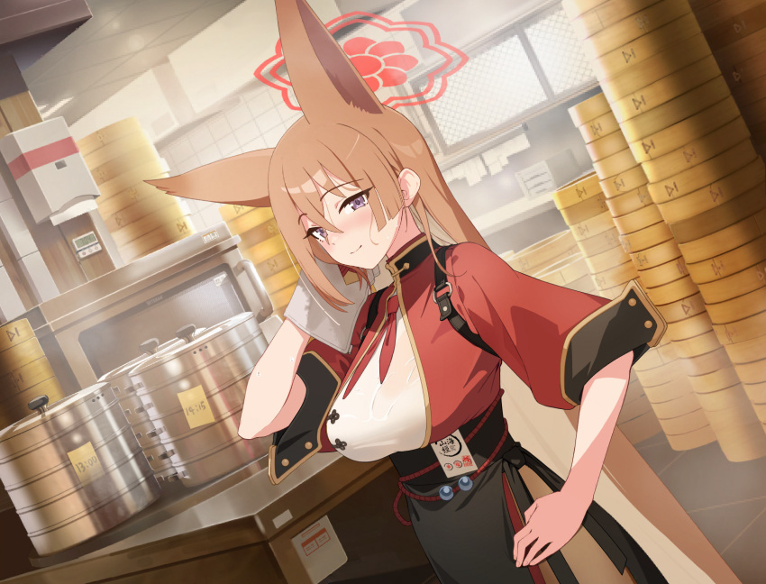 1girl absurdres animal_ears artist_request black_skirt blue_archive blurry blurry_background blush breasts brown_hair card chinese_clothes colored_inner_hair crossed_bangs dress fox_ears game_cg halo hand_on_own_hip highres holster indoors jacket kitchen large_breasts light_brown_hair looking_at_viewer multicolored_hair necktie non-web_source official_art pantyhose purple_eyes red_halo red_jacket red_necktie rumi_(blue_archive) see-through see-through_shirt shirt shoulder_holster side_slit skirt smile solo sweat sweatdrop turtleneck_dress wet wet_clothes wet_shirt white_towel wiping_sweat