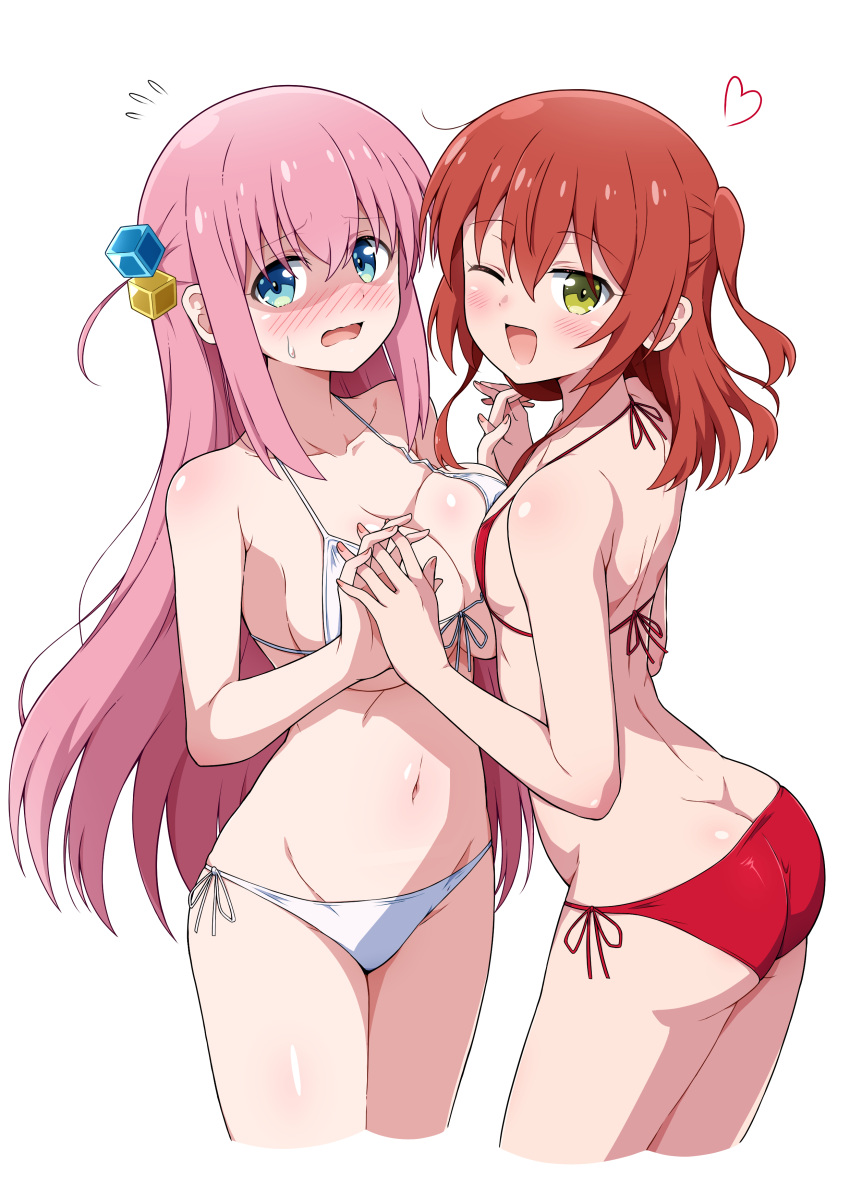 2girls ^^^ absurdres ass asymmetrical_docking back bikini blue_eyes blush bocchi_the_rock! breast_press breasts cleavage commentary cowboy_shot cropped_legs cube_hair_ornament curvy eggman_(pixiv28975023) embarrassed eyes_visible_through_hair fingernails flying_sweatdrops front-tie_bikini_top front-tie_top gotoh_hitori green_eyes groin hair_between_eyes hair_ornament halterneck highres holding_hands interlocked_fingers kita_ikuyo large_breasts long_hair looking_at_viewer multiple_girls navel nose_blush one_side_up open_mouth pink_hair raised_eyebrows red_bikini red_hair shaded_face side-tie_bikini_bottom side_ahoge sidelocks simple_background small_breasts standing stomach straight_hair string_bikini surprised swimsuit very_long_hair white_background white_bikini yuri