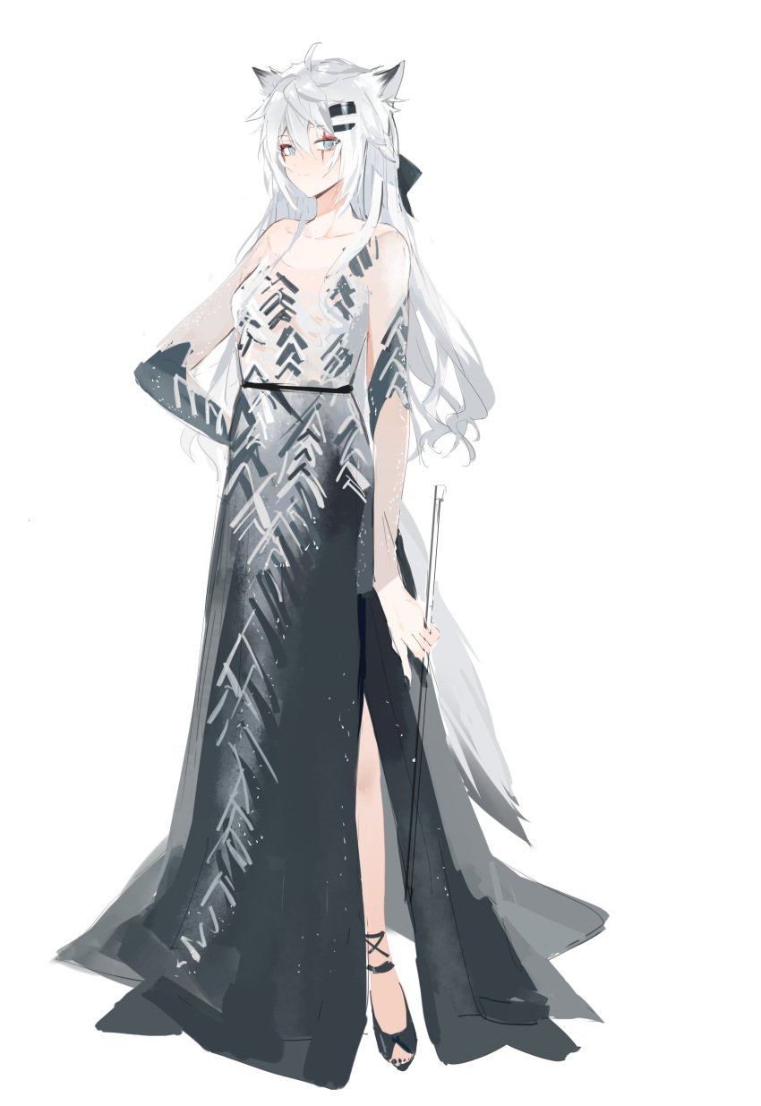 1girl absurdres alternate_costume animal_ears arknights bare_shoulders black_dress blue_eyes breasts dress full_body hair_ornament hairclip hand_on_own_hip highres holding_bow_(music) lappland_(arknights) long_dress long_hair meng_ziya simple_background sleeveless sleeveless_dress small_breasts solo standing tail white_background white_hair wolf_ears wolf_girl wolf_tail