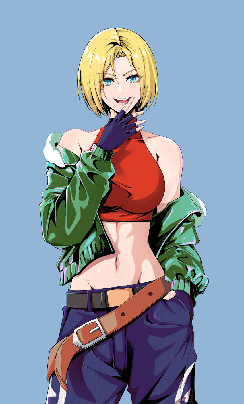 1girl absurdres baggy_pants bare_shoulders belt belt_skirt black872233196 blonde_hair blue_eyes blue_mary bob_cut breasts crop_top fatal_fury fingerless_gloves gloves halterneck highres large_breasts looking_at_viewer loose_belt midriff multiple_belts navel pants parted_hair shirt short_hair simple_background sleeveless sleeveless_turtleneck smile snk solo straight_hair the_king_of_fighters tight_top turtleneck