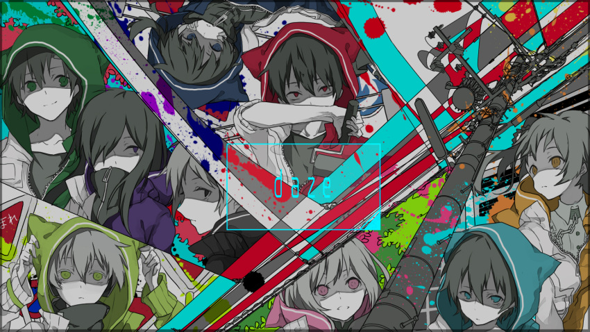 4girls 5boys adjusting_hood amamiya_hibiya animal_hood aqua_eyes aqua_jacket black_hair black_jacket blue_eyes blue_jacket chain child closed_mouth collarbone collared_dress colored_text commentary_request copyright_name covered_mouth covering_mouth daze_(kagerou_project) dress ene_(kagerou_project) expressionless facial_mark from_side fujikiri_yana green_eyes green_jacket group_picture hair_ornament hairclip highres hood hood_down hood_up hooded_jacket jacket kagerou_project kano_shuuya kido_tsubomi kisaragi_momo kisaragi_shintarou konoha_(kagerou_project) kozakura_marry long_hair long_sleeves looking_at_viewer multicolored_background multicolored_clothes multicolored_jacket multiple_boys multiple_girls neck_warmer orange_eyes orange_jacket paint paint_splatter parted_lips partially_colored partially_unzipped pink_eyes pink_jacket portrait purple_eyes purple_jacket red_eyes red_jacket seto_kousuke shaded_face shirt short_hair sleeves_past_elbows sleeves_pushed_up smile t-shirt two-tone_jacket upper_body upside-down utility_pole white_jacket zipper_pull_tab