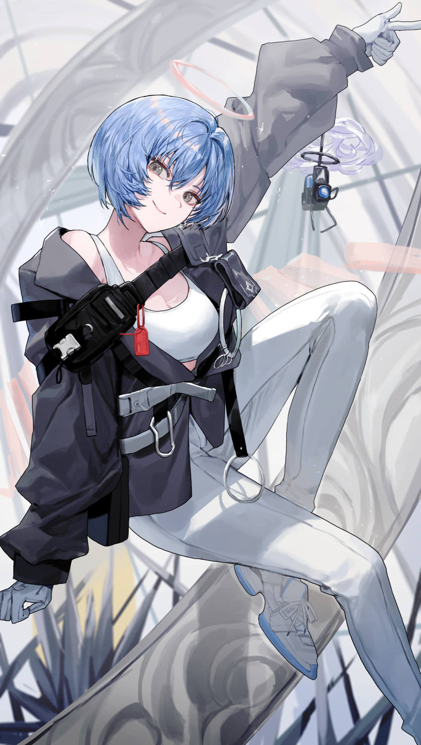 1girl absurdres arknights arm_up bare_shoulders black_jacket blue_hair breasts carol0905 cleavage commentary_request foot_out_of_frame gloves grey_eyes halo highres jacket long_sleeves looking_at_viewer medium_breasts off_shoulder pants shoes short_hair smile sneakers solo sports_bra spuria_(arknights) thighs white_footwear white_gloves white_pants
