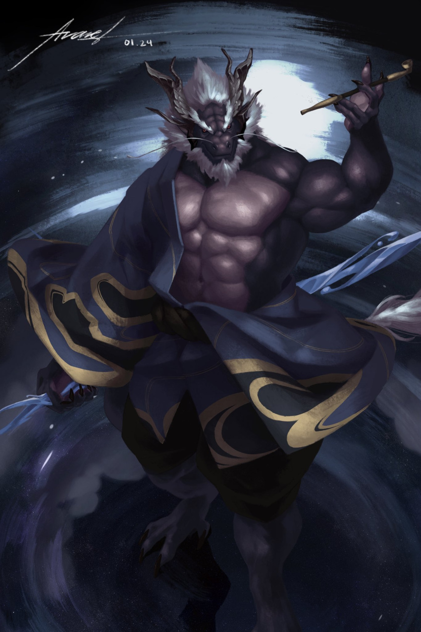 1boy art_avarel bara bare_pectorals black_skin black_theme chinese_zodiac colored_skin dragon_boy full_body furry furry_male hadanugi_dousa highres holding holding_smoking_pipe large_pectorals long_mustache looking_at_viewer male_focus mature_male muscular muscular_male no_nipples original pectorals smoking_pipe solo standing strongman_waist thick_eyebrows white_hair year_of_the_dragon