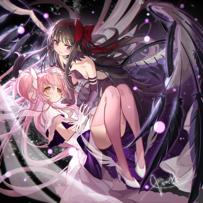 2girls :o absurdres ahoge akemi_homura akuma_homura argyle argyle_legwear arm_support bare_shoulders black_background black_dress black_hair blush bow chinese_commentary collar collarbone commentary_request dress elbow_gloves feathered_wings floating_hair from_above full_body gloves glowing hair_bow hairband highres holding_hands interlocked_fingers kaname_madoka kneeling knees_up leaning_forward light_particles long_hair lying mahou_shoujo_madoka_magica mahou_shoujo_madoka_magica_(anime) multiple_girls on_back pink_eyes pink_hair pink_thighhighs purple_collar purple_gloves purple_thighhighs red_hairband shan_tong_tong shoes signature smile starry_sky_print strapless strapless_dress thighhighs two-sided_fabric two_side_up ultimate_madoka very_long_hair white_dress white_footwear white_gloves white_wings winged_footwear wings yellow_eyes yuri