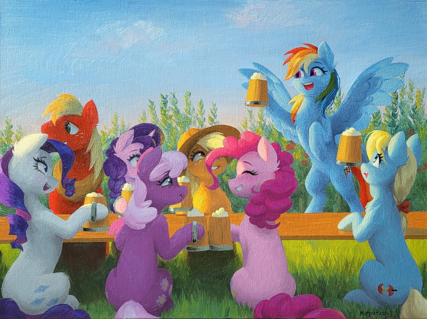 applejack_(mlp) big_macintosh_(mlp) canvas canvas_texture cheerilee_(mlp) cutie_mark earth_pony equid equine female feral friendship_is_magic furniture grass group hasbro hi_res horn horse katputze male mammal my_little_pony oil_painting_(artwork) painting_(artwork) pegasus pinkie_pie_(mlp) plant pony quadruped rainbow_dash_(mlp) rarity_(mlp) sitting sky sugar_belle_(mlp) table traditional_media_(artwork) ukulilia unicorn wings