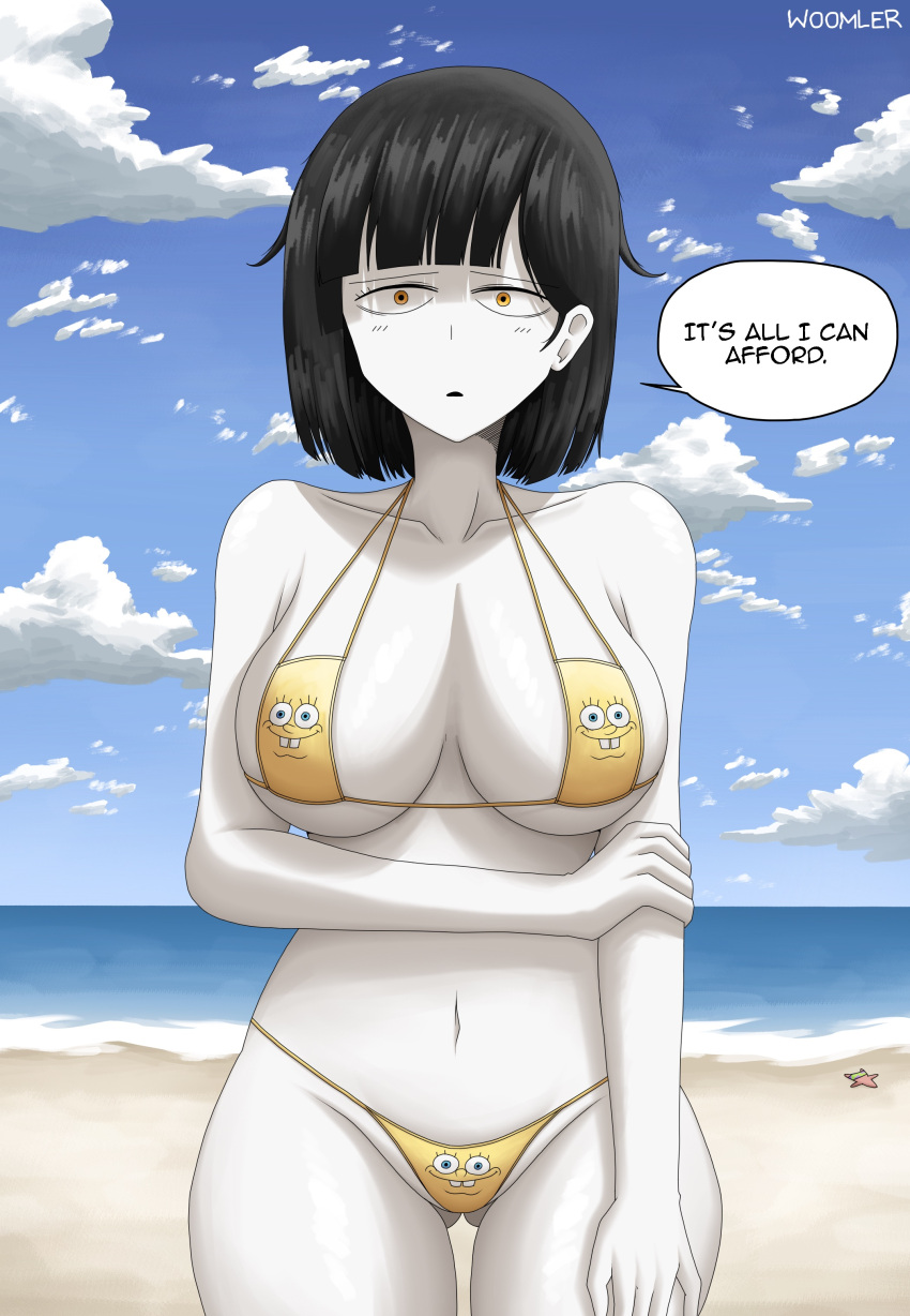 1girl absurdres beach bikini black_hair blossom_hope blush breasts cloud english_text highres looking_at_viewer matsuzaki_asako medium_breasts navel ocean orange_eyes pale_skin patrick_star self-upload short_hair sky solo speech_bubble spongebob_squarepants spongebob_squarepants_(character) swimsuit woomler yellow_bikini