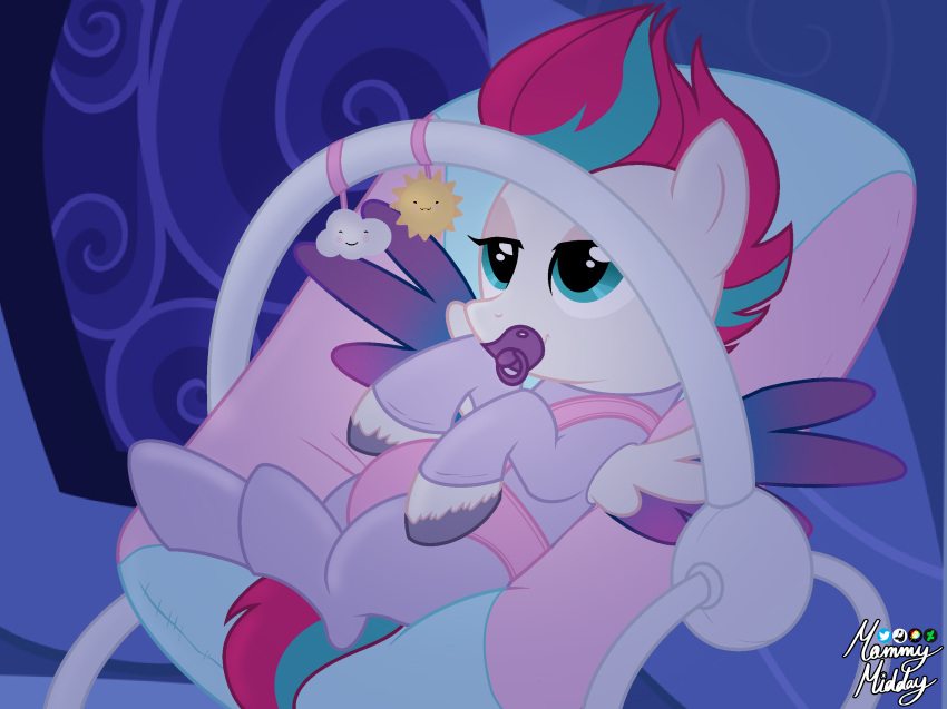 blue_eyes clothed clothing diaper diaper_fetish equid equine female feral fur hasbro hi_res infantilism mammal mlp_g5 mommymidday my_little_pony onsie pacifier pegasus quadruped wearing_diaper white_body white_fur wings zipp_storm_(mlp)