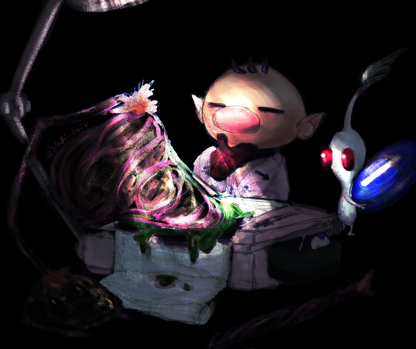 1boy alternate_costume big_nose black_background brown_hair chromatic_aberration closed_eyes coat coattails collared_coat colored_skin commentary_request dark_background gloves hand_on_own_chin highres holding horror_(theme) lab_coat leaf long_sleeves looking_at_object male_focus no_mouth olimar open_mouth operating_table oversized_object pellet_(pikmin) pikmin_(creature) pikmin_(series) pink_nose pointy_nose red_eyes red_gloves short_hair simple_background solid_circle_eyes table usuba_(hatomugip) very_short_hair white_coat white_pikmin white_skin white_sleeves