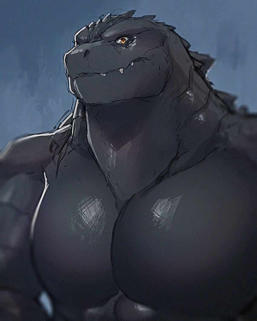 4:5 agitype01 anthro biped black_body godzilla godzilla_(series) grey_background hi_res looking_at_viewer male orange_eyes scalie simple_background smile solo toho