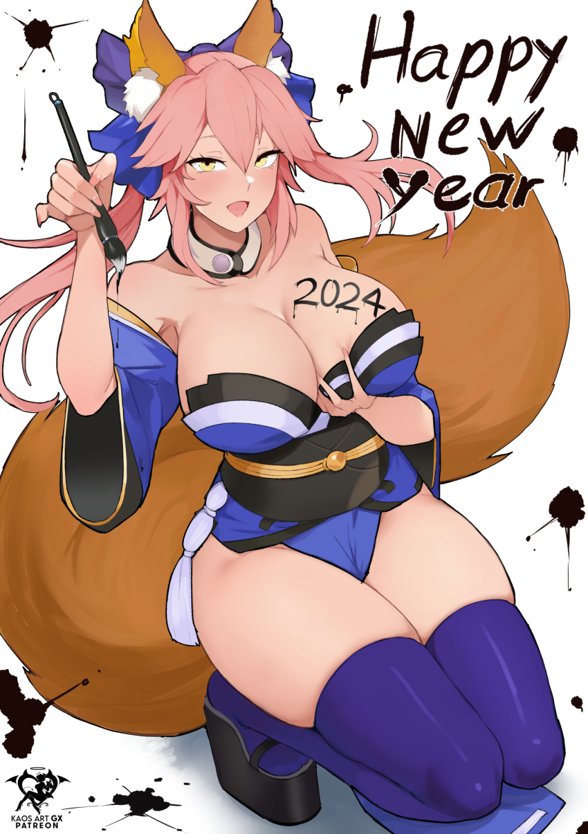 1girl 2024 :d animal_ears artist_name bare_shoulders black_footwear body_writing breasts collarbone commentary fate/grand_order fate_(series) grabbing_own_breast happy_new_year highres holding holding_paintbrush kaos_art large_breasts off_shoulder open_mouth paint_splatter paintbrush patreon_username pink_hair platform_footwear purple_thighhighs smile solo tail tamamo_(fate) tamamo_no_mae_(fate/extra) thighhighs thighs yellow_eyes