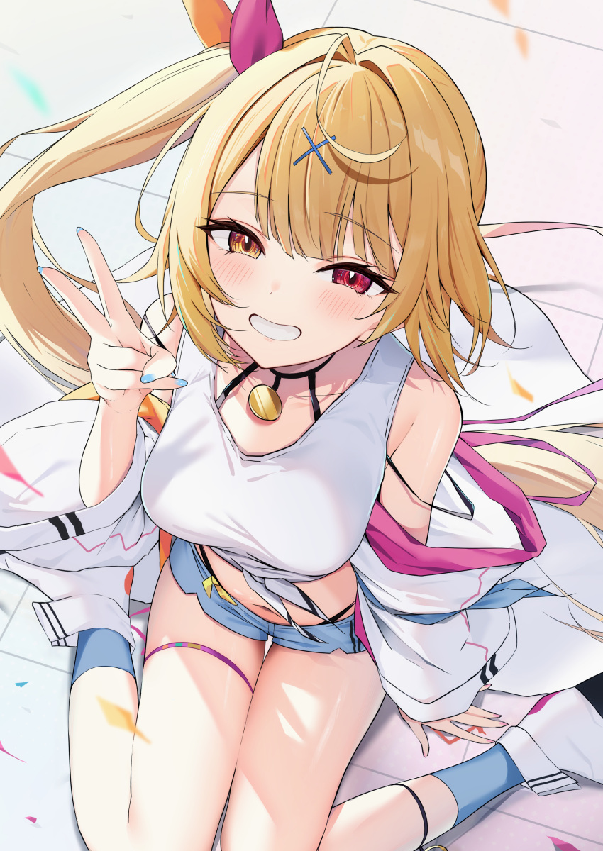 1girl absurdres arm_support bare_shoulders blonde_hair blue_nails blue_shorts blurry blush breasts collarbone depth_of_field equal_(heartstrings) fingernails from_above grin hair_intakes hair_ornament hand_up highleg highleg_panties highres hoshikawa_sara hoshikawa_sara_(1st_costume) jacket large_breasts long_hair long_sleeves looking_at_viewer midriff nail_polish navel nijisanji off_shoulder open_clothes open_jacket panties panty_straps parted_bangs red_eyes shirt short_shorts shorts side_ponytail sitting sleeveless sleeveless_shirt smile solo thigh_strap tied_shirt tile_floor tiles underwear v virtual_youtuber wariza white_jacket white_shirt x_hair_ornament yellow_eyes