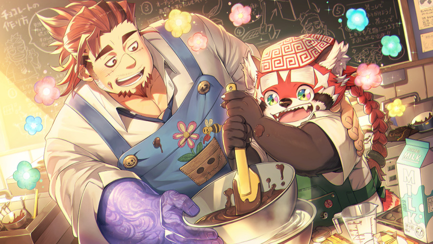 2boys apron bags_under_eyes baking bara blue_apron boogeyman_(housamo) colored_skin facial_hair fai_(fai-storage) fangs fangs_out furry furry_male long_sideburns mature_male multicolored_eyes multicolored_fur multiple_boys muscular muscular_male mustache_stubble official_art purple_skin rainbow_eyes red_fur red_panda_boy scar scar_on_face sideburns sideburns_stubble teacher_and_student tokyo_afterschool_summoners white_fur zhurong_(housamo)