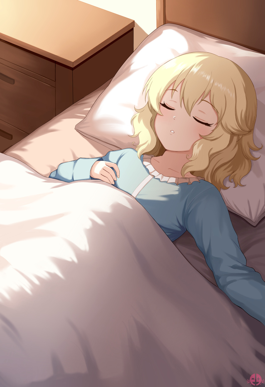 1girl absurdres bed bedroom blanket blonde_hair blue_shirt closed_eyes hair_between_eyes head_on_pillow highres idolmaster idolmaster_cinderella_girls idolmaster_cinderella_girls_u149 long_sleeves lying mrhunking nightstand on_back pillow sakurai_momoka shirt short_hair signature sleeping solo under_covers