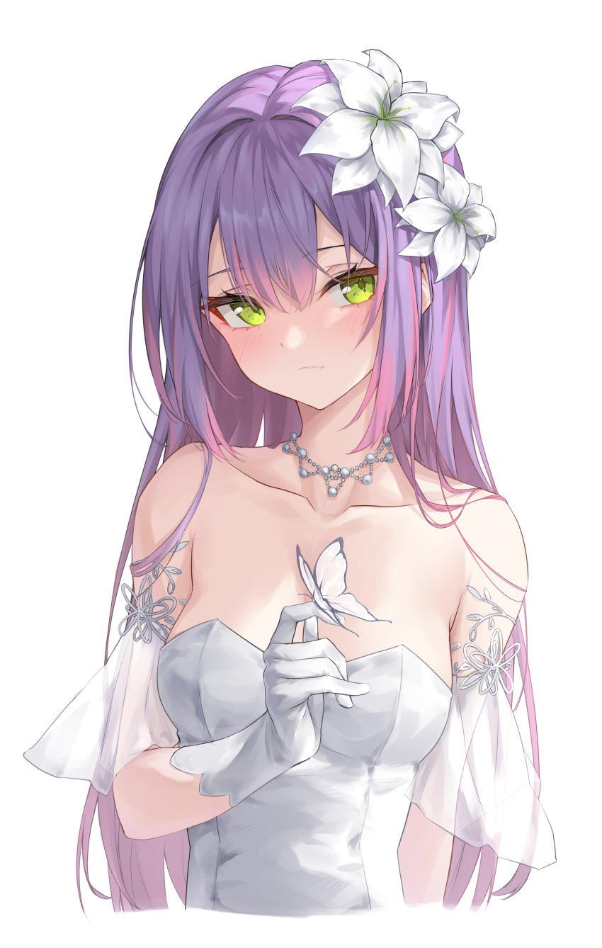 1girl absurdres blush breasts bug butterfly butterfly_on_hand collarbone dress fang flower gloves green_eyes hair_flower hair_ornament highres hololive long_hair looking_at_viewer medium_breasts multicolored_hair pink_hair purple_hair rei_(9086) skin_fang solo streaked_hair tokoyami_towa virtual_youtuber white_background white_dress white_flower white_gloves