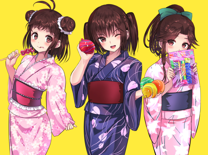 3girls :q alternate_costume antenna_hair bangs blush bow double_bun eating eyebrows_visible_through_hair floral_print food food_on_face hair_bow holding japanese_clothes jintsuu_(kantai_collection) kantai_collection kimono long_hair long_sleeves multiple_girls naka_(kantai_collection) obi one_eye_closed open_mouth ponytail sash sendai_(kantai_collection) short_hair simple_background tongue tongue_out tooi_aoiro two_side_up water_balloon wide_sleeves yellow_background yukata