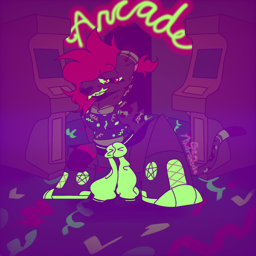 ambiguous_gender anthro arcade arcade_machine clothing colorful colorful_background crop_top felid fuchsia_(gem_andromeda) gem_andromeda hair hi_res jaguar male mammal neon_sign pantherine ponytail round_ears shirt sign simple_background sneaker_boots solo tail topwear