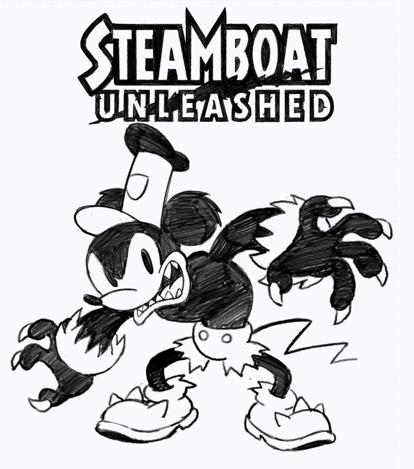 1boy animal_ears animal_nose claws disney fangs greyscale highres male_focus mickey_mouse monochrome mouse_boy mouse_ears mouse_nose mouse_tail simple_background steamboat_willie tail toon_(style) topless_male tracy_yardley white_footwear white_headwear