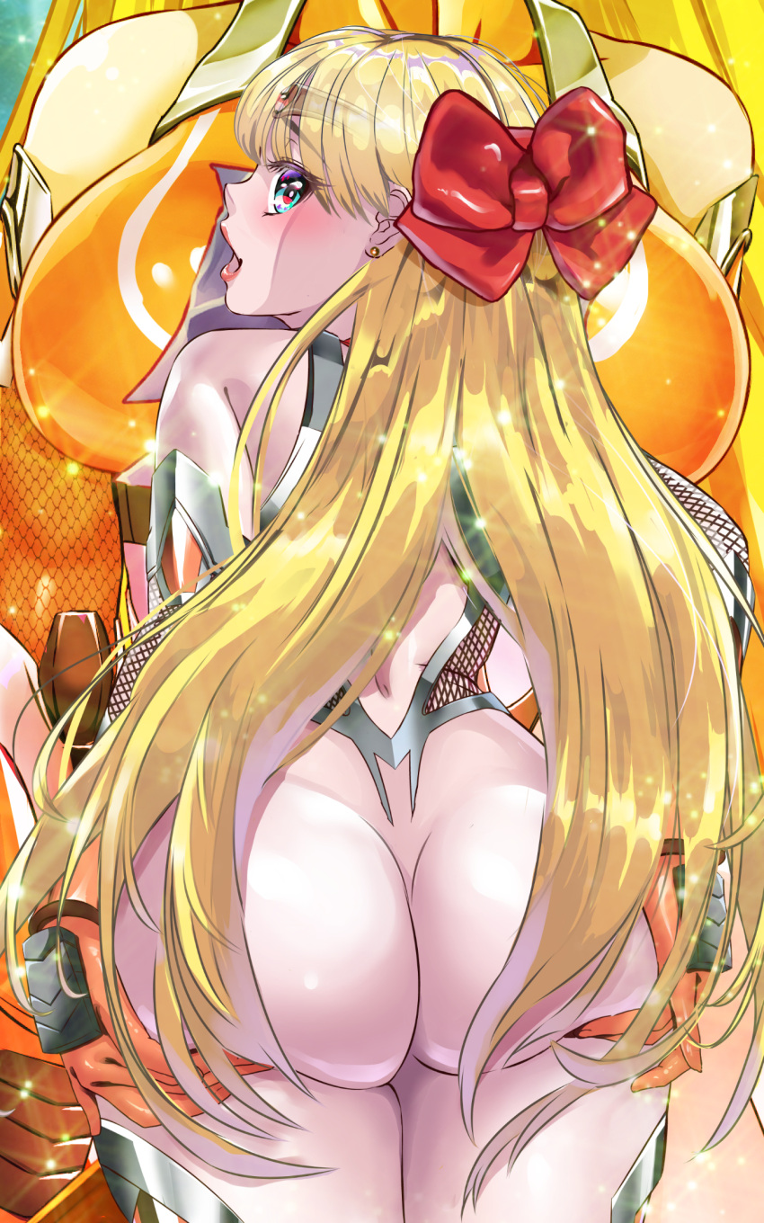 1girl aino_minako arion_canvas ass ass_focus ass_grab bishoujo_senshi_sailor_moon blonde_hair blue_eyes bodysuit bow bowtie breasts butt_crack grabbing_own_ass hair_bow highres large_breasts long_hair looking_at_viewer looking_back open_mouth sailor_venus solo taimanin_(series)