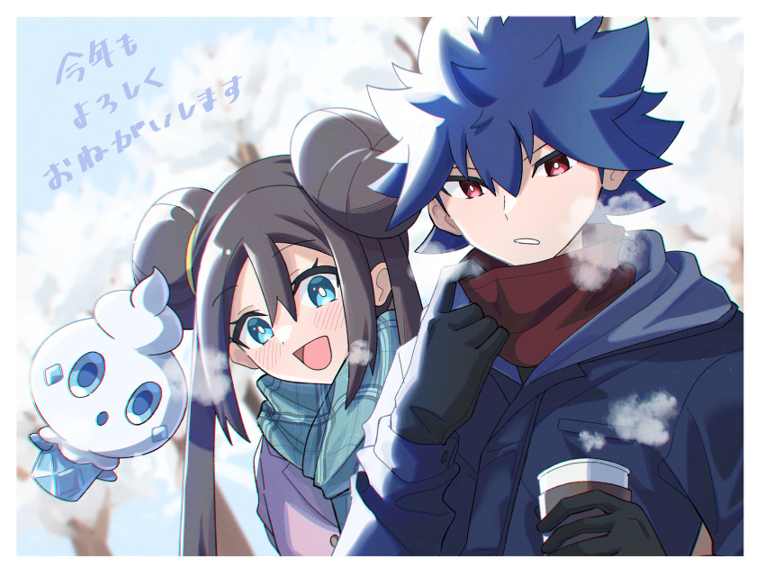 1boy 1girl :d absurdres alternate_costume black_gloves blue_hair border breath bright_pupils brown_hair buttons cup day double_bun eyelashes gloves green_eyes green_scarf hair_bun highres holding holding_cup hugh_(pokemon) jayj_824 long_hair long_sleeves looking_at_viewer open_mouth outdoors parted_lips plaid plaid_scarf pokemon pokemon_(creature) pokemon_bw2 rosa_(pokemon) scarf short_hair sidelocks smile spiked_hair tongue twintails vanillite white_border white_pupils