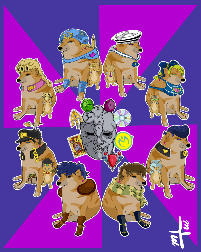 absurdres arrow_(jojo) arrow_(projectile) bandana battle_tendency belt black_gloves black_hair blonde_hair blue_eyes blue_hair braid brown_gloves brown_hair card cat chain cheemsburger_(doge) corajjex crazy_diamond diamond_wa_kudakenai dog doge double_bun giorno_giovanna gloves gold_experience green_eyes green_scarf hat heart higashikata_jousuke higashikata_jousuke_(jojolion) highres johnny_joestar jojo_no_kimyou_na_bouken jojolion jonathan_joestar joseph_joestar_(young) kuujou_jolyne kuujou_joutarou looking_at_viewer multicolored multicolored_eyes multiple_belts no_humans peaked_cap phantom_blood pompadour red_stone_of_aja scarf signature soft_&amp;_wet star_platinum stardust_crusaders steel_ball_run stone_free stone_mask_(jojo) stone_ocean tarot tusk_(stand) two-tone_background vento_aureo