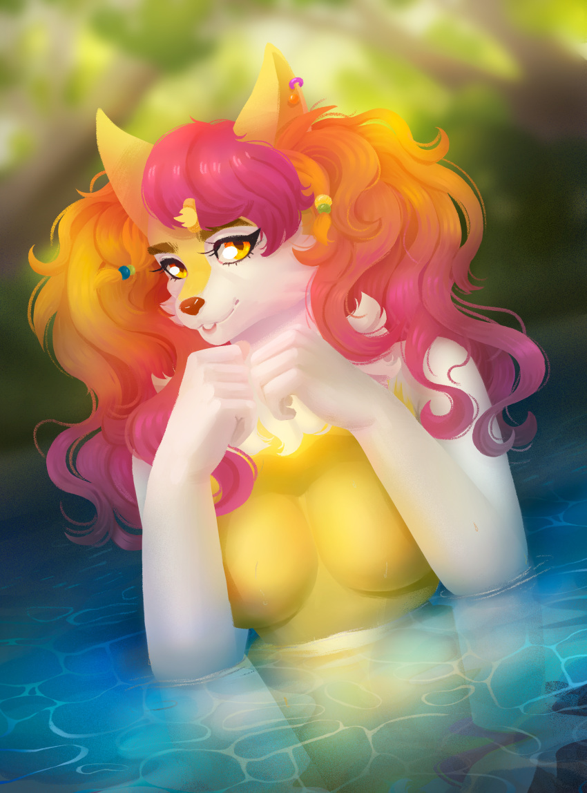 absurd_res accessory anthro big_breasts braixen breasts canid canine digital_drawing_(artwork) digital_media_(artwork) ear_piercing ear_ring fan_character female forest fur glistening hair hi_res inner_ear_fluff lake looking_at_viewer losiashik mammal mary_(hipcat) nintendo piercing pok&eacute;mon pok&eacute;mon_(species) reflection ribbons smile solo tree tuft video_games water water_reflection wet white_body white_fur yellow_body yellow_fur