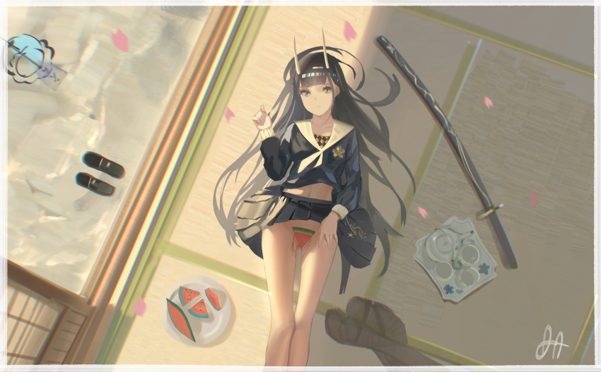 1girl absurdres azur_lane bare_legs black_footwear black_hair black_shirt black_skirt cherry_blossoms collarbone convenient_censoring cup eflilies english_commentary expressionless falling_petals food footwear_removed from_above fruit highres hime_cut horns huge_filesize indoors juice lifted_by_self loafers long_hair long_sleeves looking_at_viewer lying midriff miniskirt navel no_panties noshiro_(azur_lane) on_back oni_horns pantyhose pantyhose_removed pleated_skirt sailor_collar school_uniform serafuku shirt shoes signature skirt skirt_lift solo straight_hair tatami tea_set teacup teapot watermelon white_sailor_collar wind_chime yellow_eyes