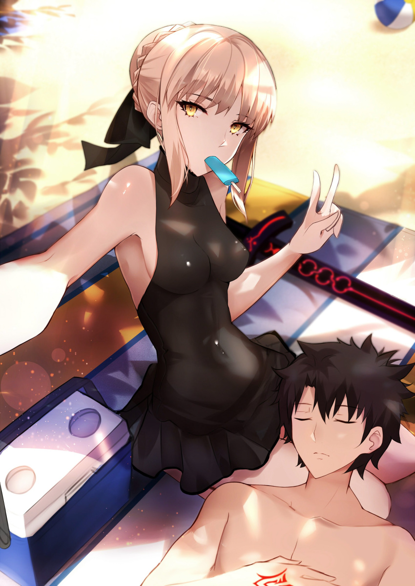 1boy 1girl absurdres artoria_pendragon_(all) artoria_pendragon_(swimsuit_rider_alter) black_bow black_hair bow braid closed_eyes command_spell cooler covered_navel excalibur_morgan eyelashes fate/grand_order fate_(series) food from_above fujimaru_ritsuka_(male) hair_bow highres lap_pillow looking_at_viewer mouth_hold popsicle reaching_out self_shot shiguru swimsuit sword weapon yellow_eyes