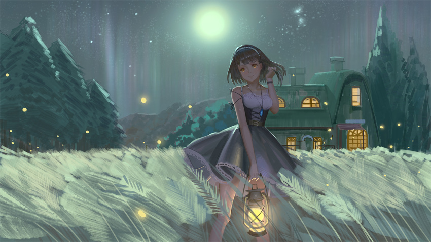 1girl bangs bare_legs bare_shoulders breasts brown_hair bug chimney closed_mouth collarbone corset dress eflilies english_commentary feet_out_of_frame fir_tree firefly forest grey_skirt holding holding_lantern house insect jewelry lantern looking_at_viewer medium_breasts moon moonlight nature necklace night night_sky original outdoors short_hair skirt sky sleeveless sleeveless_dress smile solo standing star_(sky) starry_sky tree wheat wheat_field wristband yellow_eyes