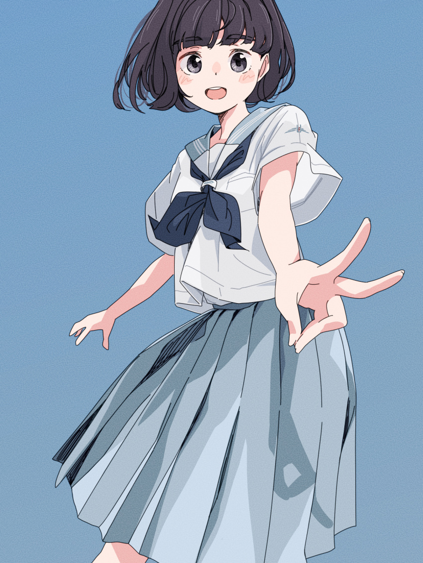 1girl :d bangs black_hair blue_background blue_eyes blue_neckerchief blue_sailor_collar blue_skirt blush highres looking_at_viewer neckerchief open_mouth original outstretched_arm pleated_skirt sailor_collar school_uniform serafuku shirt short_hair short_sleeves simple_background skirt smile solo standing tariki_fretless v white_shirt