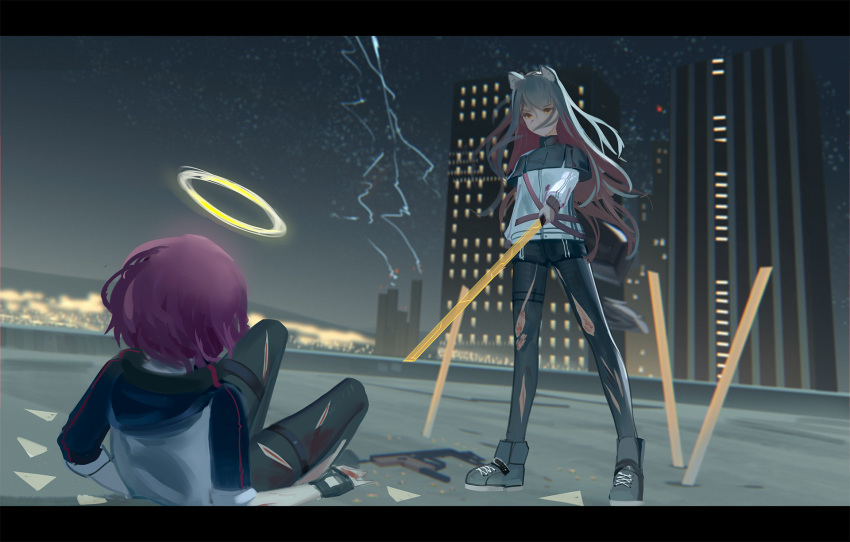 2girls animal_ears arknights black_gloves black_legwear blood building cat_ears cityscape eflilies english_commentary exusiai_(arknights) fingerless_gloves gloves grey_hair halo highres jacket letterboxed long_sleeves looking_at_another multicolored_hair multiple_girls night night_sky outdoors pantyhose pointing_sword purple_hair red_hair rooftop scratches shoes short_hair short_sleeves sky skyscraper sneakers star_(sky) starry_sky sword texas_(arknights) torn_clothes torn_legwear two-tone_hair weapon