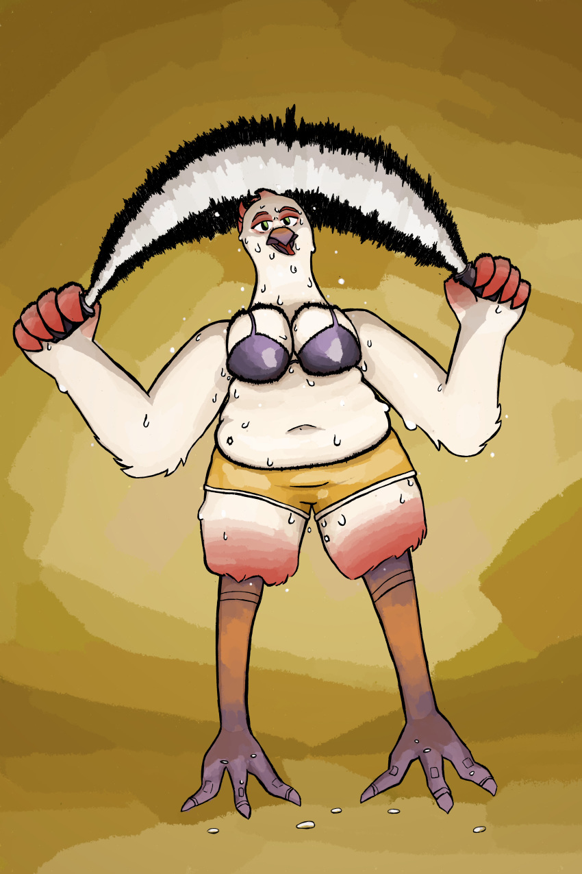 2:3 absurd_res anthro avian beak bird bodily_fluids bottomwear bouncing_breasts bra breasts clothed clothing feathers female gallardo green_eyes hi_res hotpants jump_rope non-mammal_breasts red_body red_feathers shorts simple_background solo sweat underwear white_body