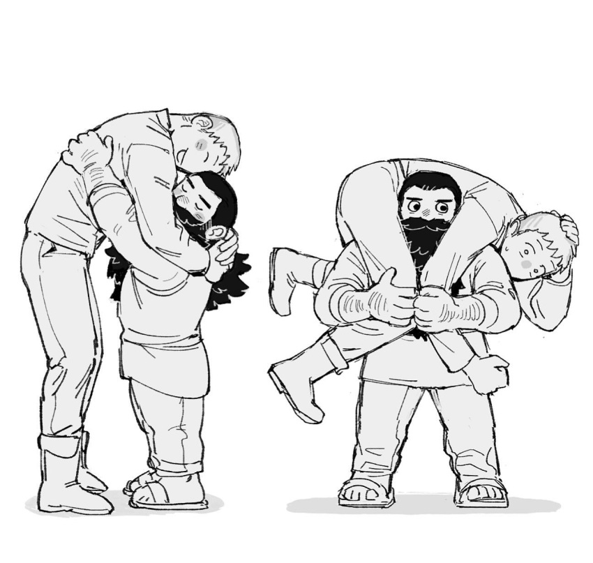 2boys ^_^ beard beard_over_mouth blush blush_stickers carrying closed_eyes constricted_pupils couple dungeon_meshi dwarf facial_hair fireman's_carry from_side full_body greyscale hand_hair head_on_head head_rest height_difference highres hug interspecies laios_thorden leaning_forward long_beard male_focus monochrome multiple_boys multiple_views mutual_hug no_headwear nose_blush profile quietgom senshi_(dungeon_meshi) shoes sideways_glance sleeveless slippers sparse_arm_hair sweatdrop thick_mustache u_u very_long_beard white_background yaoi