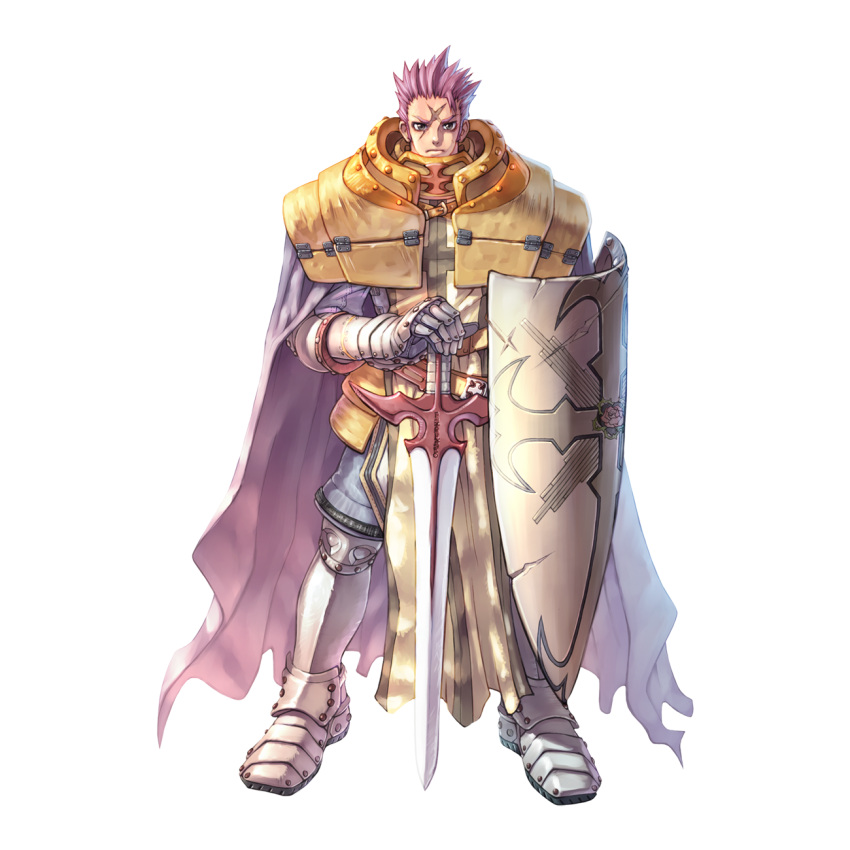 1boy 2000s_(style) armor armored_boots boots breastplate cape closed_mouth cross cross_scar crusader_(ragnarok_online) frown full_body gauntlets highres holding holding_shield holding_sword holding_weapon long_sleeves looking_at_viewer male_focus myung-jin_lee official_art pauldrons purple_cape purple_hair ragnarok_online scar scar_on_face shield short_hair shoulder_armor simple_background solo spiked_hair standing sword tabard tachi-e transparent_background weapon
