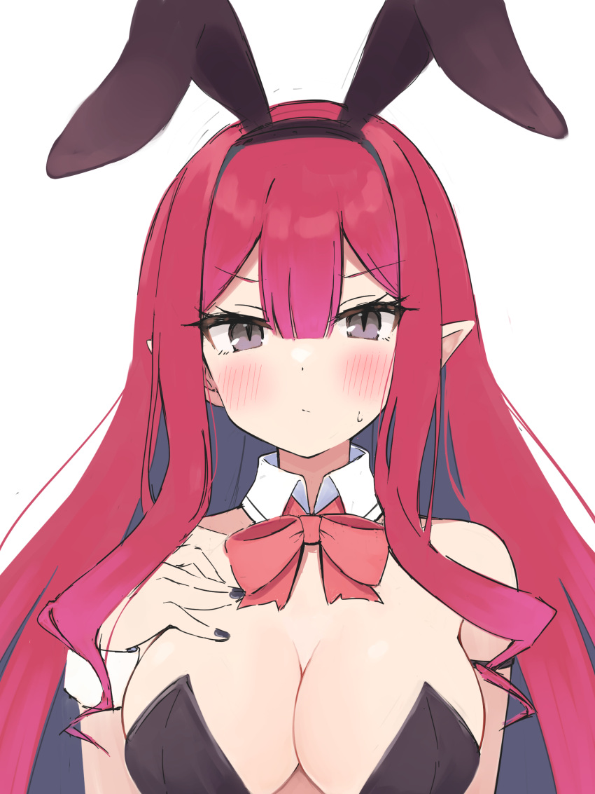 1girl absurdres animal_ears baobhan_sith_(fate) bare_shoulders black_leotard black_nails blush bow breasts cleavage detached_collar fake_animal_ears fate/grand_order fate_(series) grey_eyes hand_on_own_chest highres leotard long_hair looking_at_viewer nail_polish pink_hair playboy_bunny pointy_ears rabbit_ears red_bow shimejirou_(000kk) sidelocks solo sweatdrop upper_body white_background white_wrist_cuffs wrist_cuffs