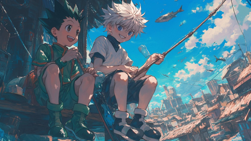 2boys black_hair blue_eyes blue_sky bright_pupils brown_eyes cloud english_commentary fish fishing fishing_rod flying_fish full_body gon_freecss grin happy holding holding_fishing_rod hunter_x_hunter killua_zoldyck layered_clothes looking_ahead looking_at_viewer male_focus messy_hair multiple_boys open_mouth outdoors short_hair shorts sitting sky smile spiked_hair tarte_(hodarake) teeth upper_teeth_only white_hair