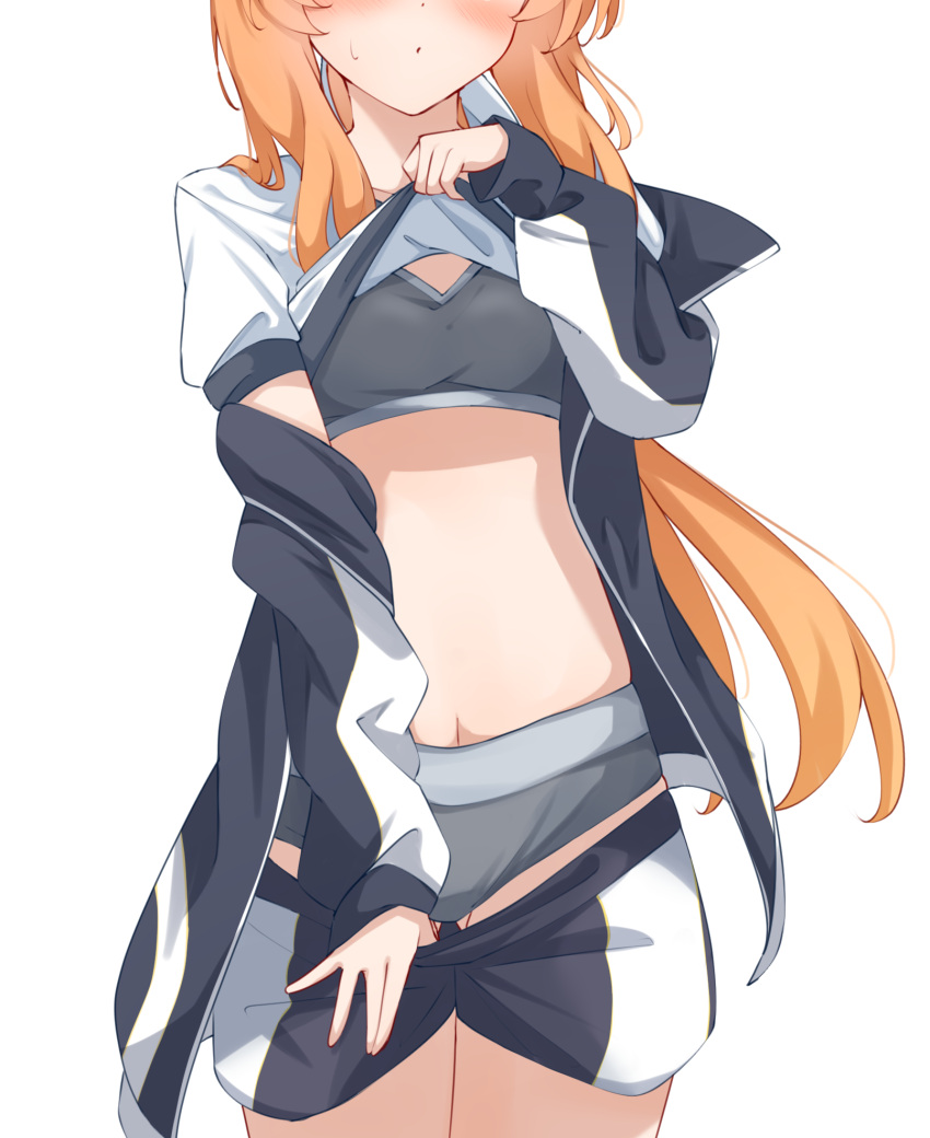 1girl ass_visible_through_thighs black_sports_bra blue_archive blue_jacket blue_shorts blush breasts clothes_lift clothes_pull flashing grey_panties gym_uniform head_out_of_frame highres jacket kabocya_na lifted_by_self long_hair mari_(blue_archive) mari_(track)_(blue_archive) navel off_shoulder official_alternate_costume open_clothes open_jacket panties ponytail pulled_by_self shirt shirt_lift short_sleeves shorts shorts_pull small_breasts solo sports_bra stomach thigh_gap track_jacket underwear white_shirt