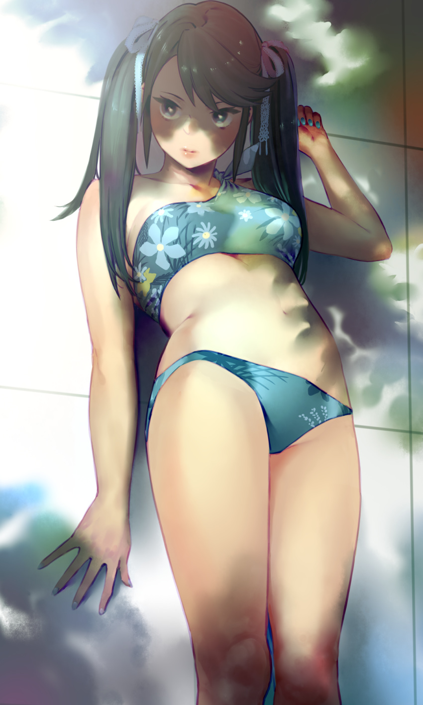 1girl against_wall bikini black_eyes black_hair blue_bikini breasts dappled_sunlight drill_hair feet_out_of_frame floral_print hair_ribbon highres isuzu_(kantai_collection) kantai_collection large_breasts lips long_hair looking_at_viewer nail_polish ribbon solo standing sunlight swimsuit twin_drills twintails uyama_hajime white_ribbon