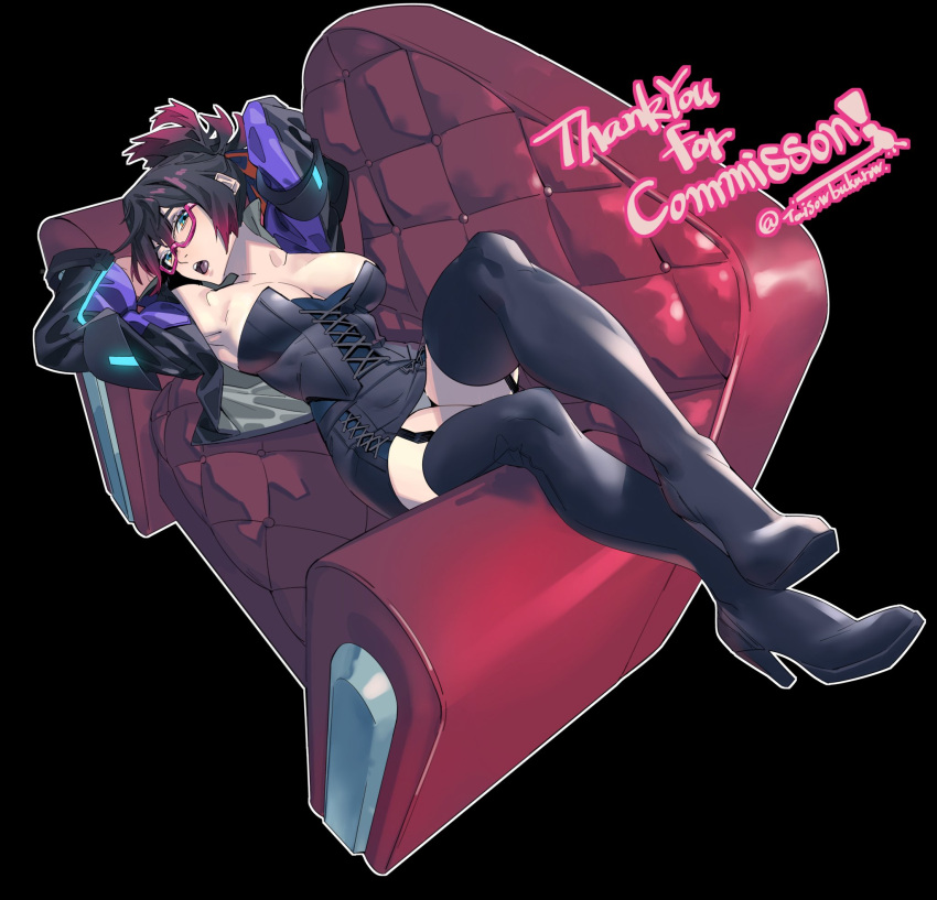 1girl arms_up artist_name black_background black_corset black_footwear black_garter_straps black_hair black_jacket black_thighhighs boots breasts cleavage collarbone commission corset couch english_text full_body garter_straps highres jacket large_breasts long_sleeves looking_back lying on_back original purple_hair purple_jacket simple_background skeb_commission solo taisowbukurow thigh_boots thighhighs twitter_username watermark